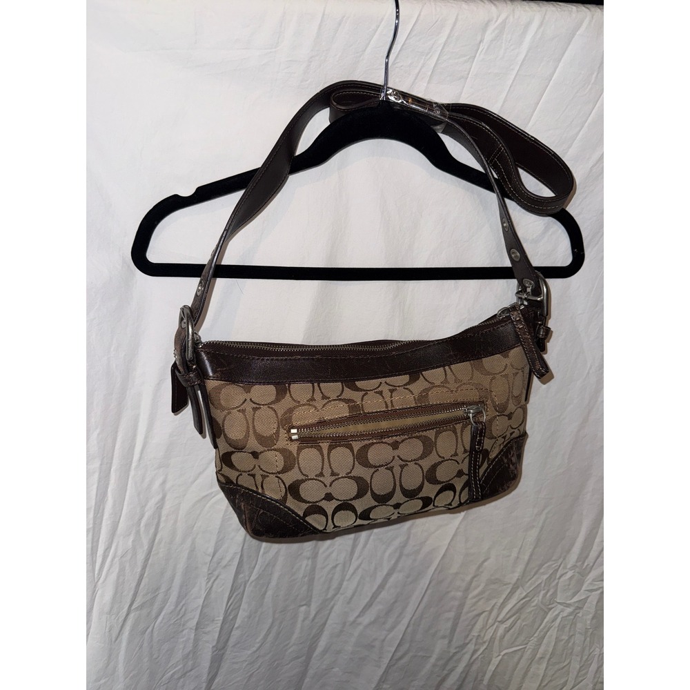 Coach Signature C Monogram Canvas Leather Trim Shoulder Bag Brown Khaki